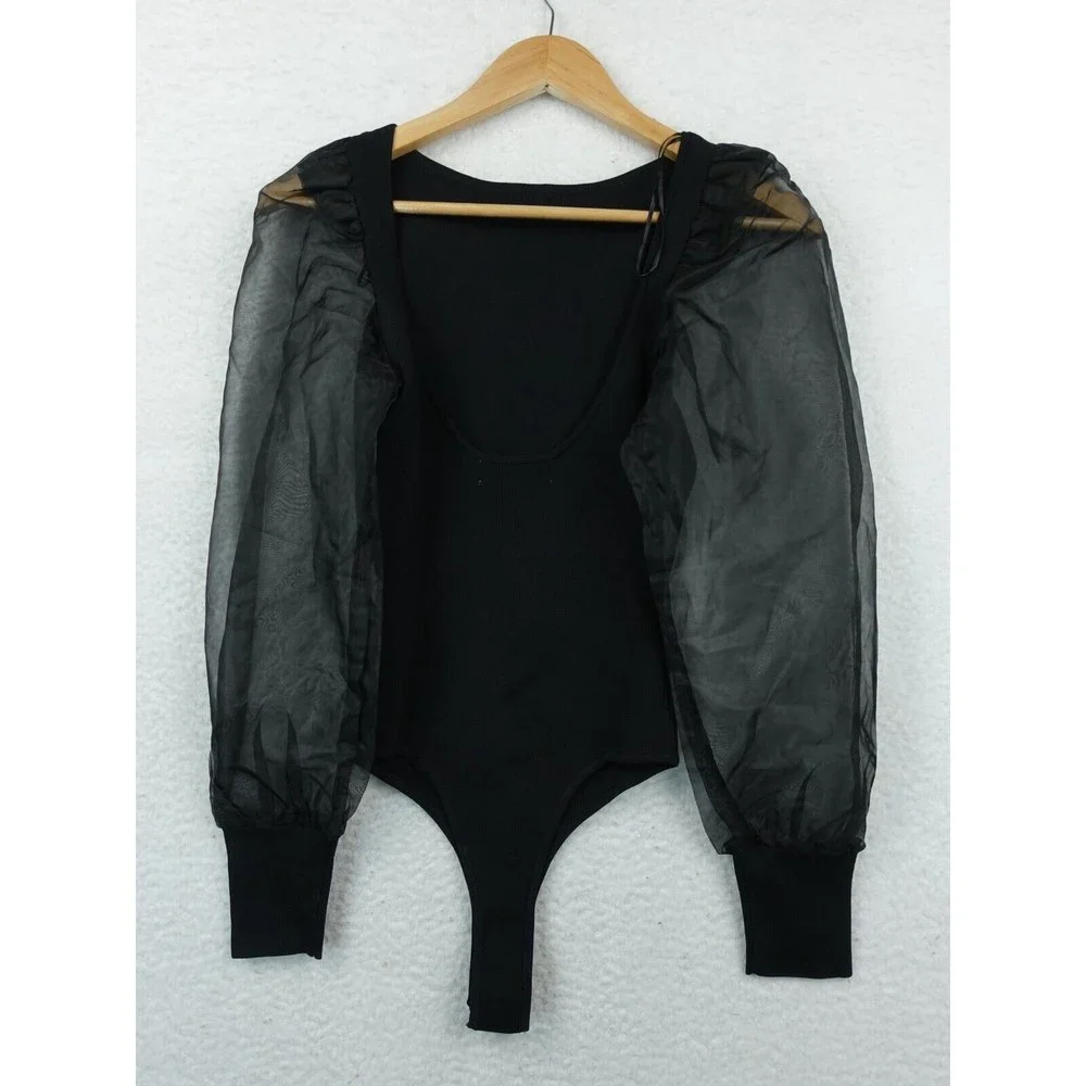 Astr Black Sheer Puff Sleeve Bodysuit